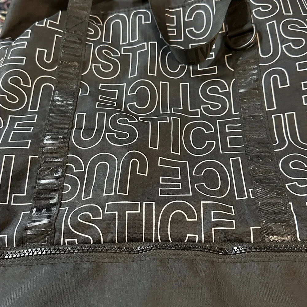 Justice logo black drawstring tote bag overnight dance / sports rucksack  Tote